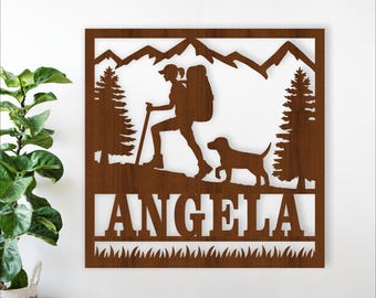 Hiking female with Dog Name Sign – SVG Laser Cut Outdoor Themed Art (Digital Download)
