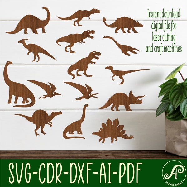 Dinosaur SVG bundle. 15 designs, Vector files, laser cut file, shapes. Ai, Cdr, Dxf instant download digital file dino