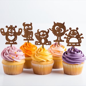 Monster Cupcake Toppers, 10 Designs SVG Laserschnitt, sofortiger Download Pdf, Dxf, Ai und Cdr Vorlage.