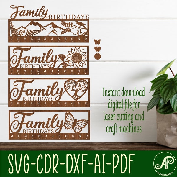 Familienkalender Sets x 4 SVG Vektordateien ai, cdr, dxf sofortiger Download digitales Design, laser cut, Wandkalender 4 Themen
