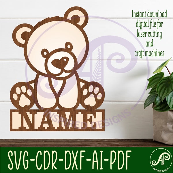 Bear name sign, SVG, cute forest themed door or wall hanger, Laser cut template, instant download Vector file Ai, Cdr, Dxf