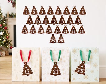 Weihnachtsbaum-Adventskalender-Etiketten-Set (SVG-Datei), lasergeschnittene Zahlenornamente für den Weihnachtscountdown