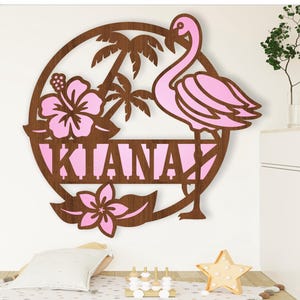 Flamingo naambord, SVG, vogel thema wand decor teken, lasergesneden sjabloon, instant download vectorbestand Ai, Cdr, Dxf