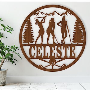Letrero con nombre de golfista, SVG, colgador de puerta o pared con temática deportiva, plantilla cortada con láser, descarga instantánea, archivo vectorial Ai, Cdr, Dxf