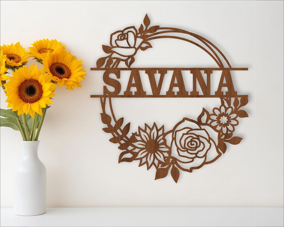 Floral Wreath Name Sign SVG Laser Cut Template, Door or Wall Hanger ...