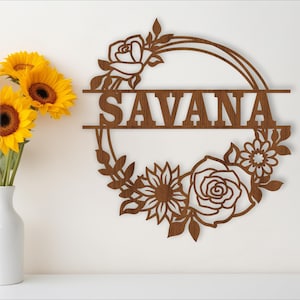 Bloemenkrans naambord SVG lasergesneden sjabloon, deur- of muurhanger, vectorbestand ai, cdr, dxf pdf instant download twee opties