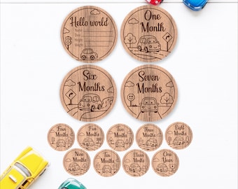 SVG-Bundle mit Meilenstein-Scheiben für Autos und Babys. Monatliche Fahrzeug-Meilensteine ​​zum Laserschneiden und Gravieren.