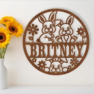 Placa com nome de berçário de coelho, arquivo SVG cortado a laser, porta com tema de animal ou cabide de parede, download instantâneo Modelo vetorial Ai, Cdr, Dxf