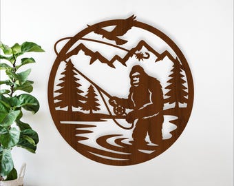 Bigfoot Fly Fishing Wall sign SVG - American Sasquatch fish Laser Cut  (Digital download)