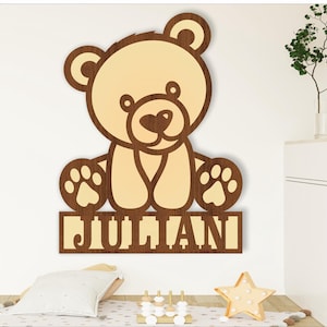Bären Namensschild, SVG, Tür- oder Wandhänger mit Waldmotiven, Laser geschnittene Vorlage, sofortiger Download Vektordatei Ai, Cdr, Dxf