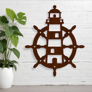 Cartello da parete con timone e faro, simbolo nautico dell'oceano, file SVG. Download immediato del file vettoriale, design digitale, cartello tagliato al laser