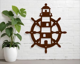 Ships wheel and lighthouse Nautical ocean wall sign, SVG file. vector file instant download digital design, laser cut sign