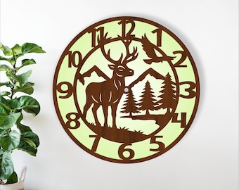 Red Stag Deer wall clock laser cut files - Hunting theme clock templates (digital download)