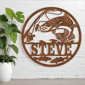 Placa de pesca com mosca, SVG, porta com tema de natureza ou cabide de parede, modelo cortado a laser, download instantâneo Arquivo vetorial Ai, Cdr, Dxf