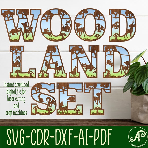 Woodland animal alphabet set. 2 layer letters 49 letters SVG file vector file ai, cdr, dxf and pdf instant download digital design