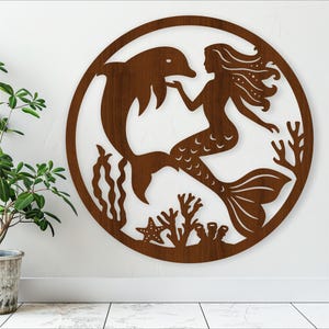 Meerjungfrau und Delfin Wandkunst, SVG-Datei. vektor, ai, cdr, dxf sofort download digital design, laser cut, wandkunst Fantasy thema