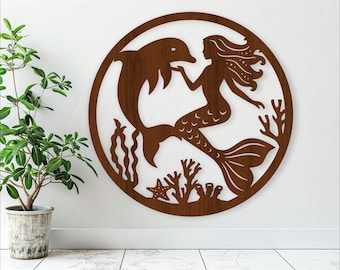 Mermaid and dolphin wall art, SVG file. vector file ai, cdr, dxf instant download digital design, laser cut, wall art Fantasy theme