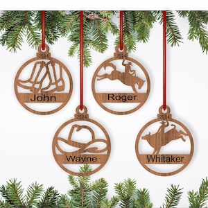 Enfeites de Natal de rodeio, 4 designs SVG cortados a laser, download instantâneo de modelos em PDF, Dxf, Ai e Cdr.
