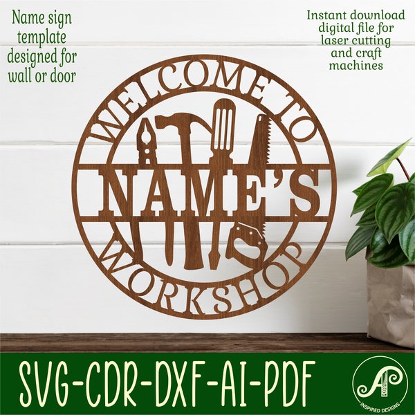 Workshop name sign, SVG, fixing themed door or wall hanger, Laser cut template, instant download Vector file Ai, Cdr, Dxf