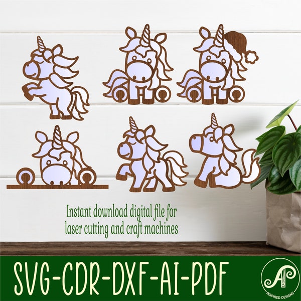 Unicorn laser cut file shapes. 6 two layer vector files SVG, ai, cdr, dxf and Pdf instant download layered shape cut outs