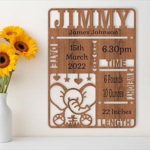 Elephant Baby stats, Birth plaque, announcement sign template SVG wall art Laser cut template, instant download Ai, Cdr, Dxf