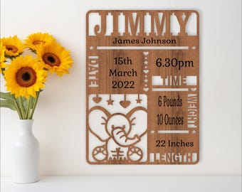 Elephant Baby Stats Plaque SVG Template: Laser Cut Birth Announcement (Digital Download)