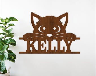 Cat name sign SVG, Laser cut cartoon personalized Pet wall art (digital download)