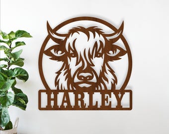 Highland Cow Name Sign - Farm Theme Laser Cut SVG Template (Digital Download)