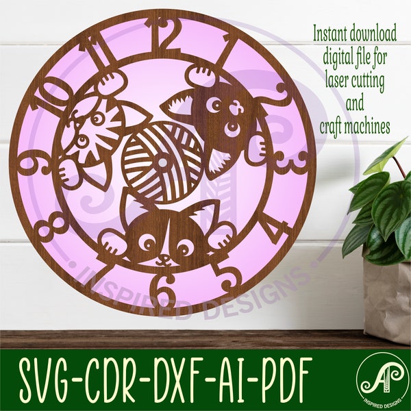 Cats wall clock laser cut files, SVG file. vector file ai, cdr, dxf instant download digital design, cut file template