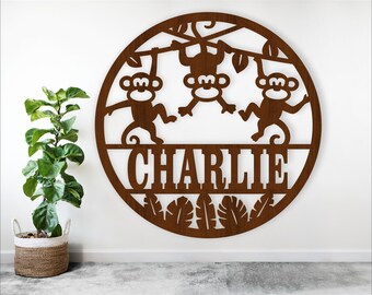 Monkey Name Sign SVG File: Laser Cut Nursery Wall Art (Digital Download)