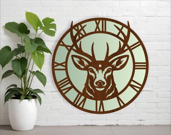 Stag face wall clock laser cut files, SVG file. vector file ai, cdr, dxf instant download digital design, cut file template