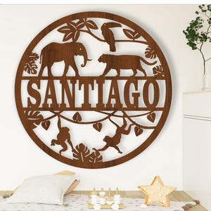 Dschungel Namensschild, SVG, Tür- oder Wandbehang mit Tiermotiven, Laser geschnittene Vorlage, sofortiger Download Vektordatei Ai, Cdr, Dxf
