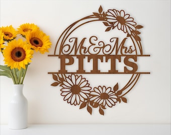 Flower Wreath Mr and Mrs Name Sign: Laser Cut Wedding Decor (Digital Download)