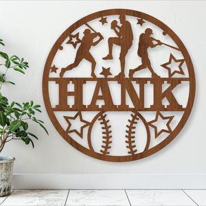 Cartello con nome maschile da baseball, SVG, da appendere alla porta o al muro a tema sportivo, modello tagliato al laser, download immediato File vettoriale Ai, Cdr, Dxf