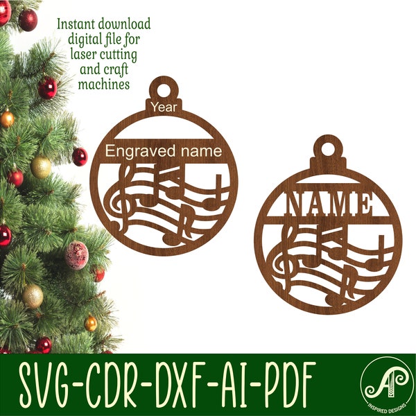 Music Christmas Ornament design,  SVG laser cut, instant download Pdf, Dxf, Ai and Cdr template.