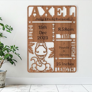 Baby stats, Birth plaque, announcement sign template SVG, Dinosaur theme wall hanger, Laser cut template, instant download Ai, Cdr, Dxf