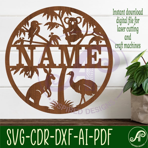 Australian animals name sign, SVG, animal themed door or wall hanger, Laser cut template, instant download Vector file Ai, Cdr, Dxf