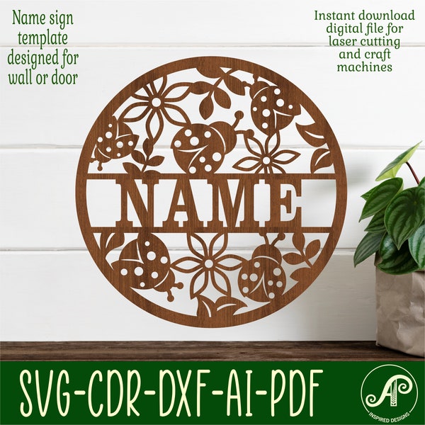 Ladybird name sign, SVG, nature themed door or wall hanger, Laser cut template, instant download Vector file Ai, Cdr, Dxf