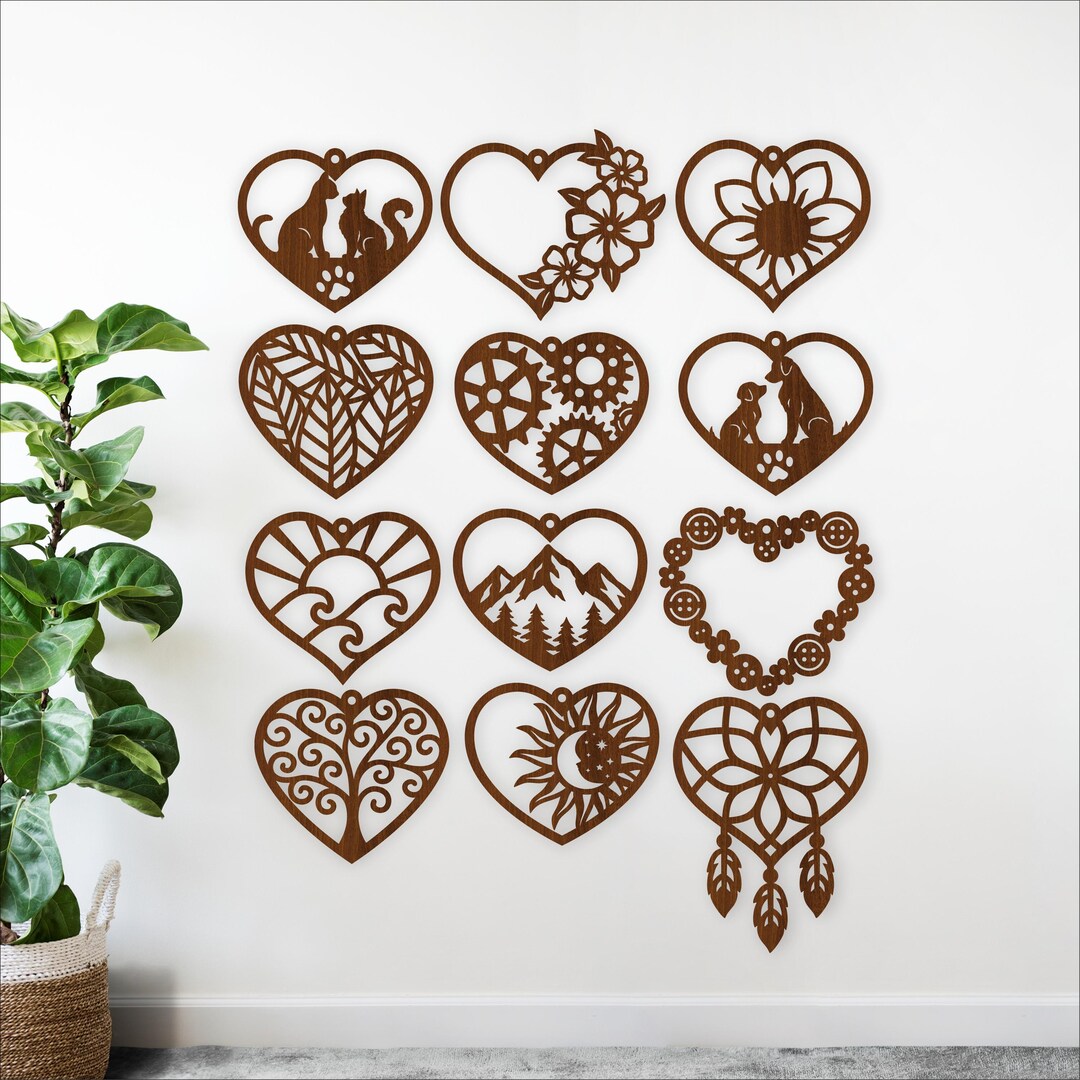 Hanging Hearts Wall Art Bundle | 12 Decorative Laser Cut Heart Home ...