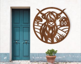 Highland cow farm scene design. laser cut file. vector file SVG ai, cdr, dxf instant download, wall art