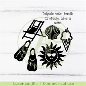 May include: Black laser cut file featuring beach-themed designs: a lounge chair, seashell, ice cream cone, flippers, and a sun wearing sunglasses. The design is intended to be cut from 2.3 to 8 inches wide.