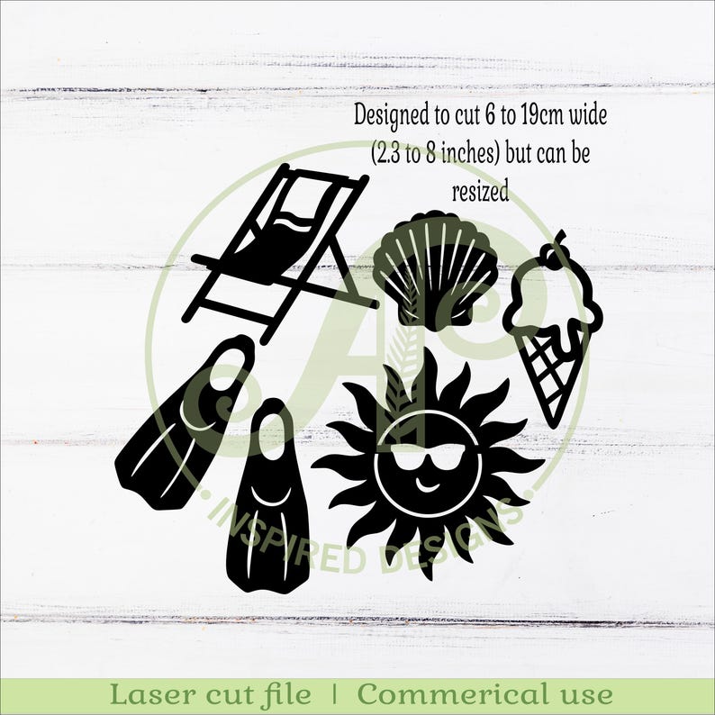 May include: Black laser cut file featuring beach-themed designs: a lounge chair, seashell, ice cream cone, flippers, and a sun wearing sunglasses. The design is intended to be cut from 2.3 to 8 inches wide.