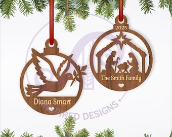 Nativity and dove Christmas Ornaments SVG laser cut - Personalized Christian Christmas decoration