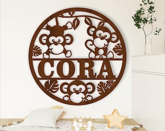 Monkey Name Sign: Animal Themed Door Hanger, Laser Cut Template (Digital Download)