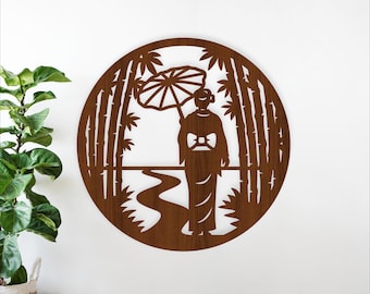 Japanese Bamboo Wall Art SVG, Geisha Lady Garden Scene Laser Cut File (digital download)