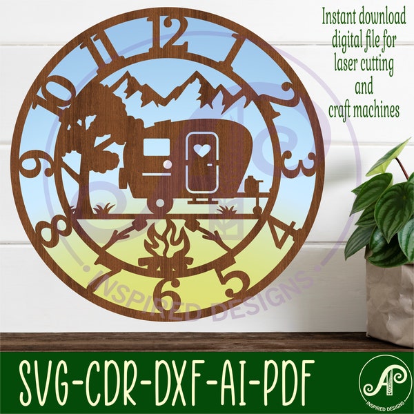 Caravan wall clock laser cut files, SVG file. vector file ai, cdr, dxf instant download digital design, cut file template