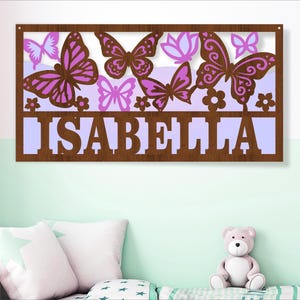 Placa de nome de 3 camadas de cena de borboleta SVG, porta temática de decoração de dinossauro ou cabide de parede, modelo de corte a laser, download instantâneo de arquivo vetorial Ai, Cdr, Dxf
