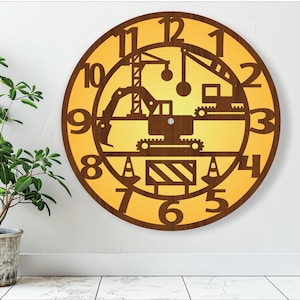 May include: A yellow and brown wooden clock with construction vehicles and road signs. The clock face has numbers 1 through 12 and a brown background.