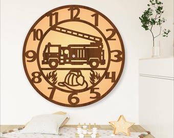 Fire truck wall clock laser cut files, SVG file. vector file ai, cdr, dxf instant download digital design, cut file template