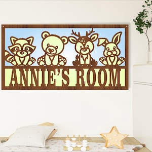 Carina scena di animali del bosco 3 strati cartello con nome SVG, arte murale a tema animali del bosco Taglio laser, download immediato File vettoriale Ai, Cdr, Dxf